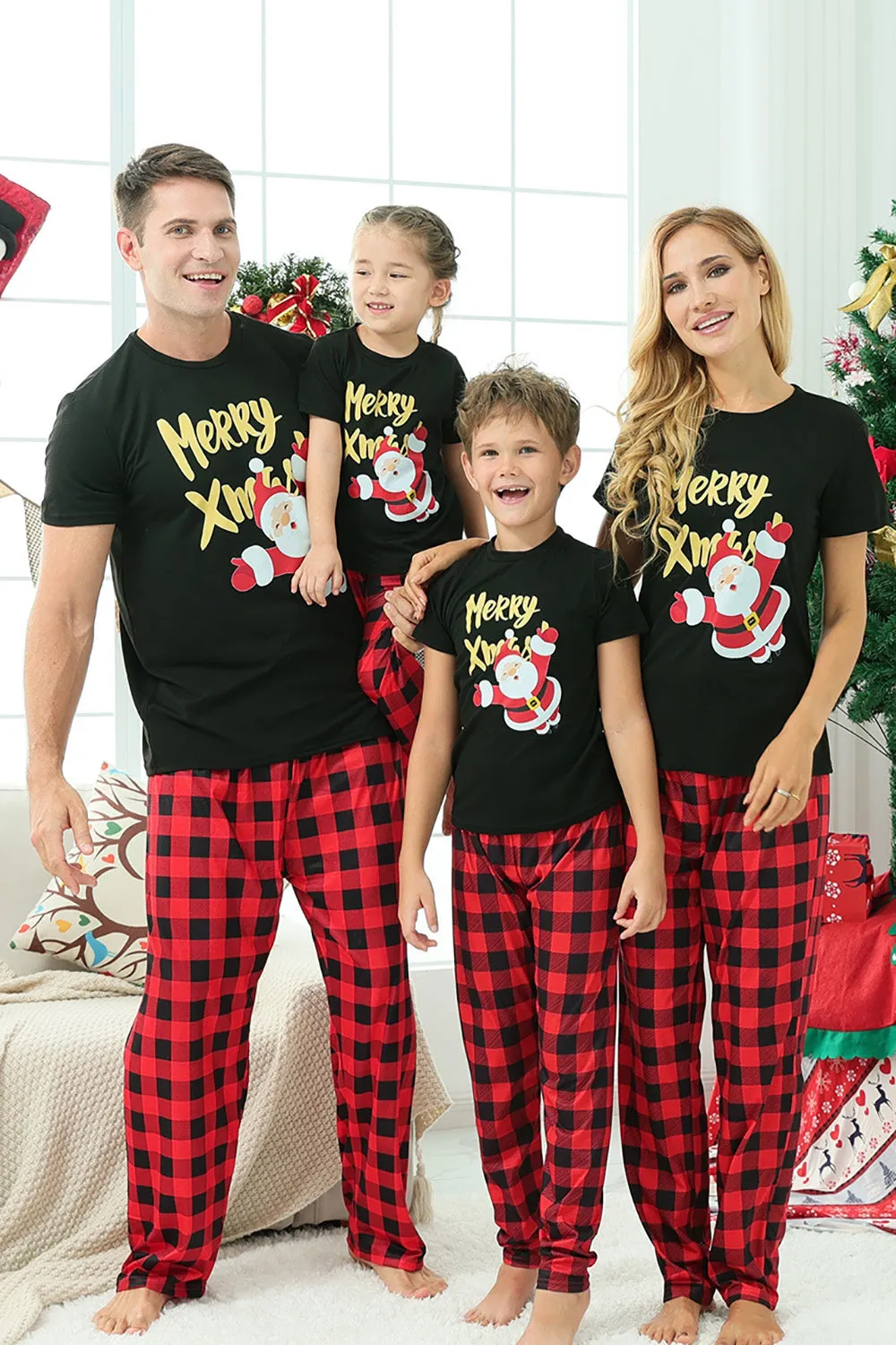 Black & Red Plaid Family Christmas Pajamas with Short Sleeves