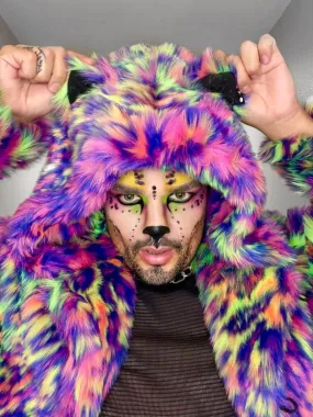 Classic Men's Faux Fur Coat | Neon Disco Cat