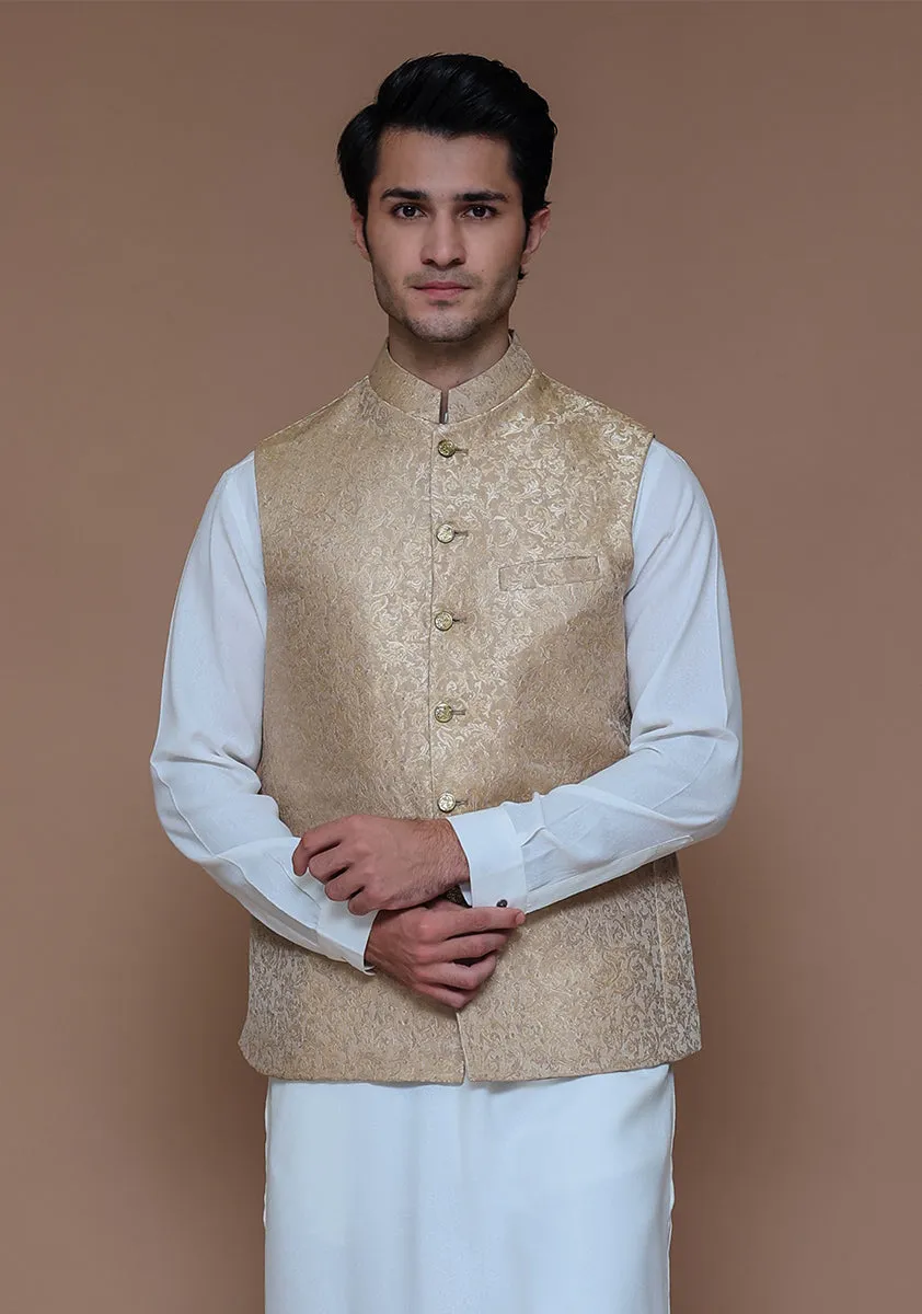 Classic Zari Karandi Almond Buff Traditional Waistcoat