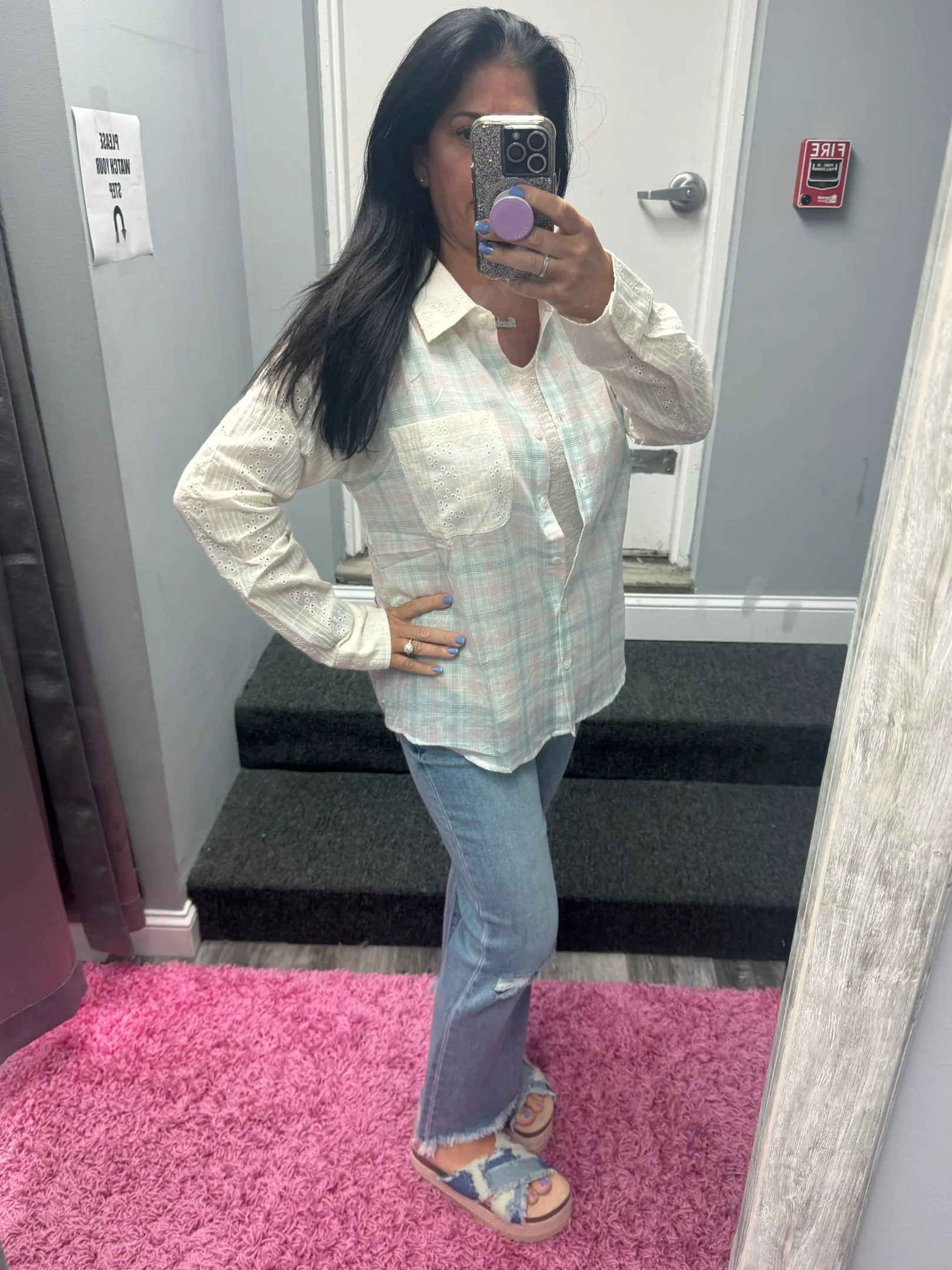 Eyelet Lace Blocked Button Down Shirt - Cotton Candy