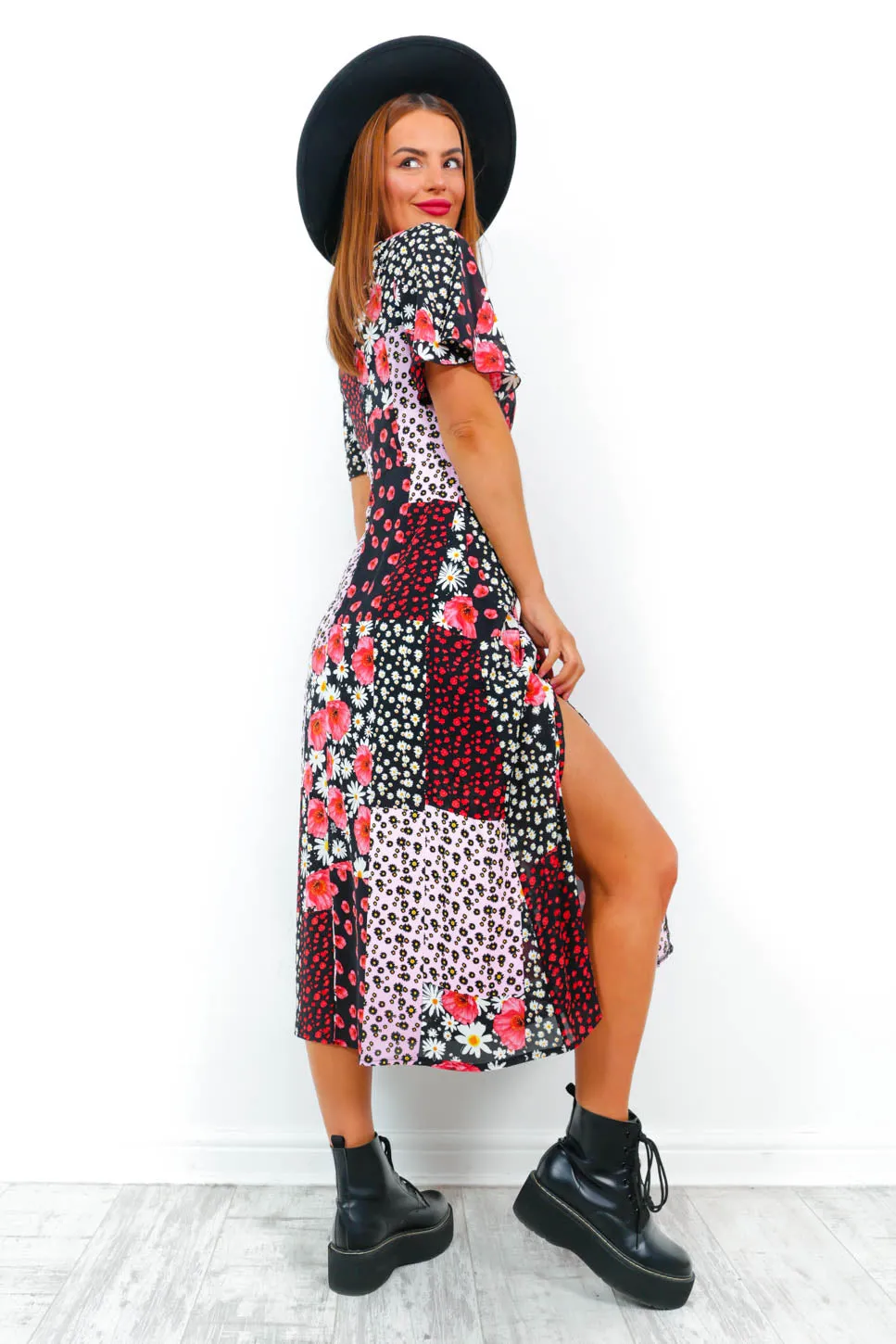 Lets Split - Black Multi Patchwork Midi Dress