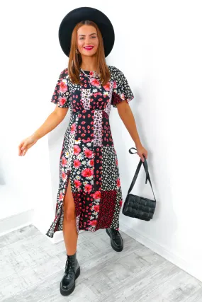 Lets Split - Black Multi Patchwork Midi Dress