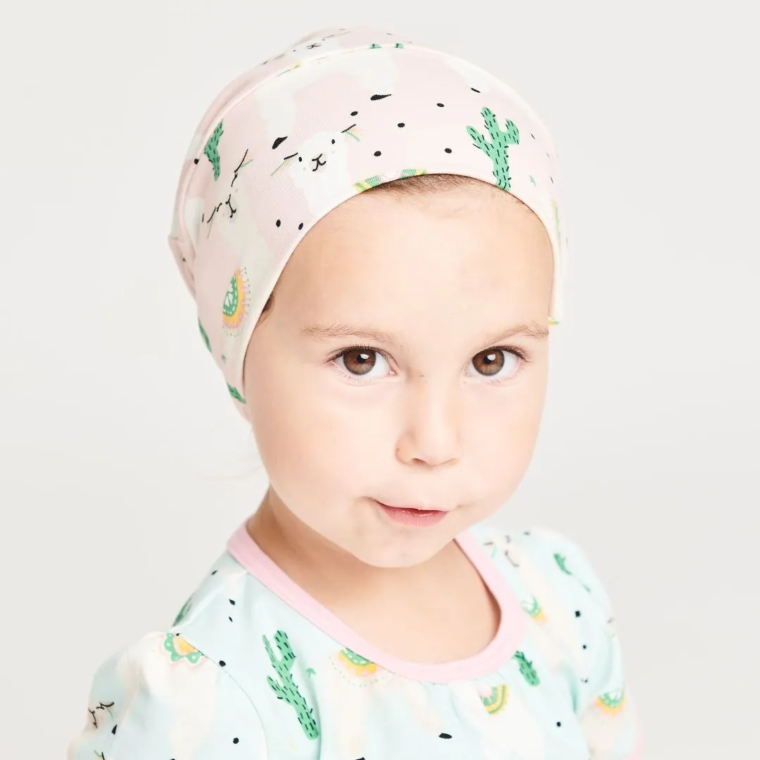 Lined baby hat "Alpakas Pink/Spearmint"