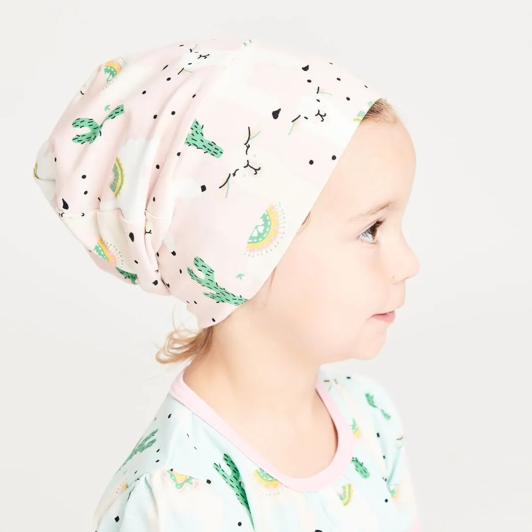 Lined baby hat "Alpakas Pink/Spearmint"