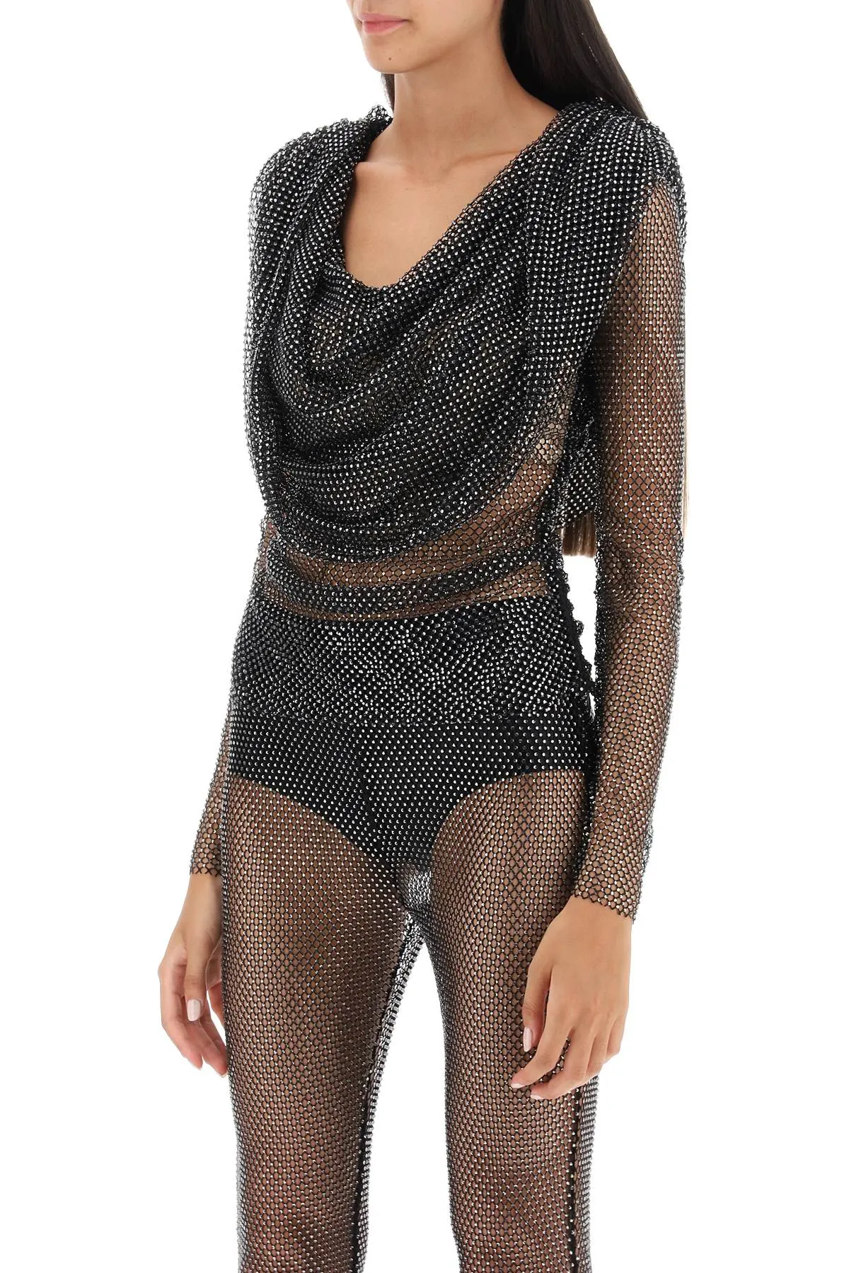 RHINESTONE FISHNET HOODED TOP