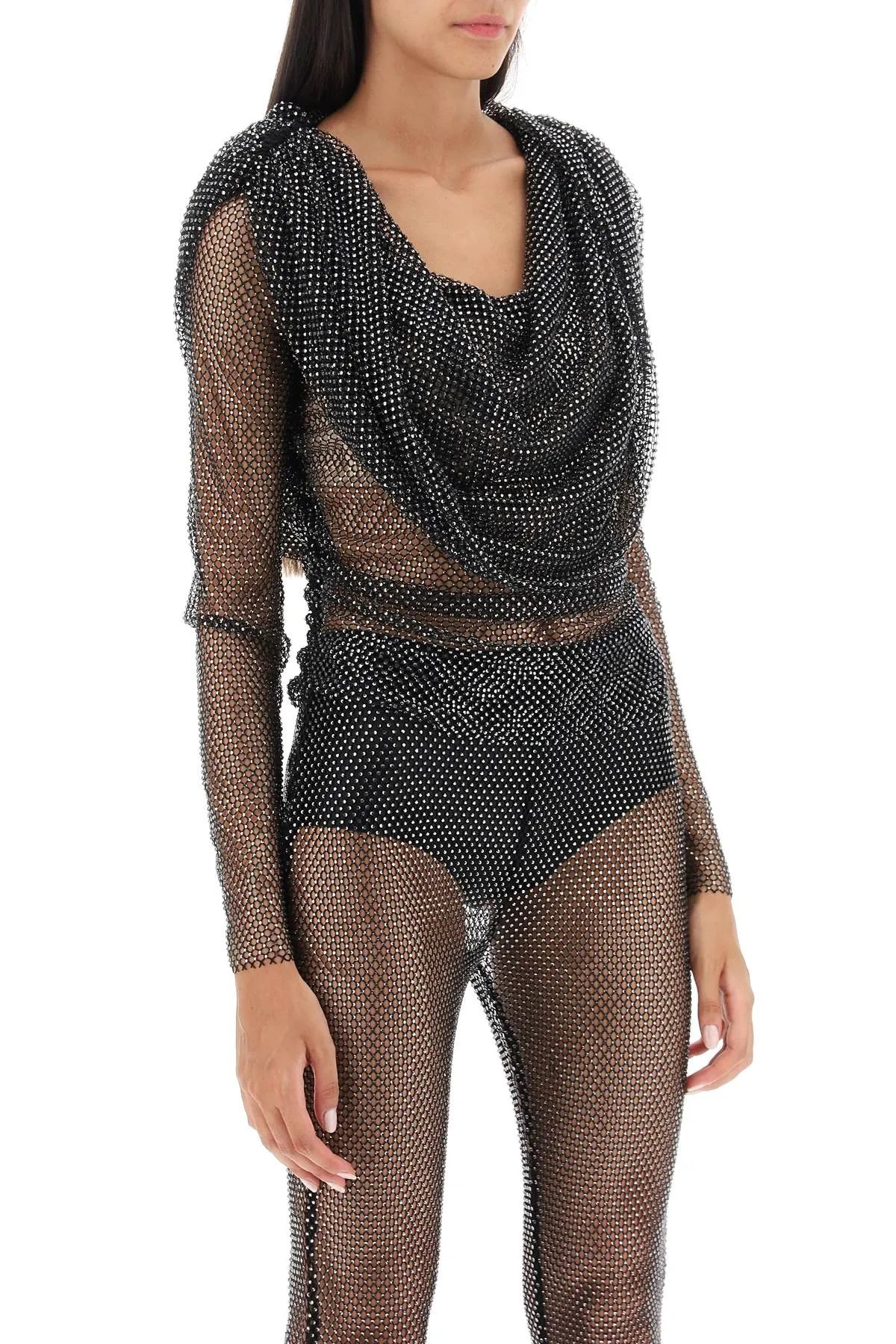 RHINESTONE FISHNET HOODED TOP